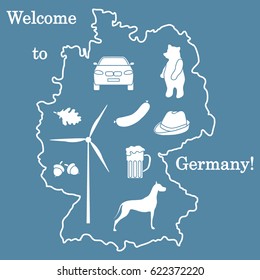 Vector illustration with various symbols of Germany. Travel and leisure. Design for banner, poster or print.