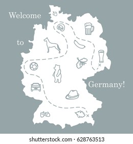 Vector illustration with various symbols of Germany. Travel and leisure. Design for banner, poster or print.