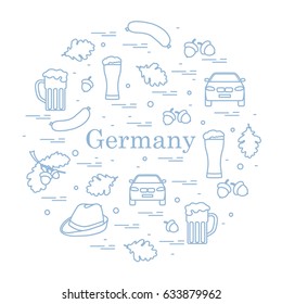 Vector illustration with various symbols of Germany arranged in a circle. Travel and leisure. Design for banner, poster or print.