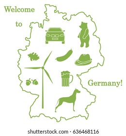 Vector illustration with various symbols of Germany. Travel and leisure. Design for banner, poster or print.