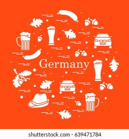 Vector illustration with various symbols of Germany arranged in a circle. Travel and leisure. Design for banner, poster or print.