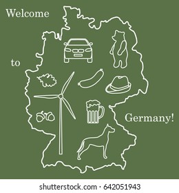 Vector illustration with various symbols of Germany. Travel and leisure. Design for banner, poster or print.