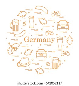 Vector illustration with various symbols of Germany arranged in a circle. Travel and leisure. Design for banner, poster or print.