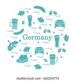 Vector illustration with various symbols of Germany arranged in a circle. Travel and leisure. Design for banner, poster or print.