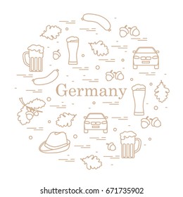 Vector illustration with various symbols of Germany arranged in a circle. Travel and leisure. Design for banner, poster or print.