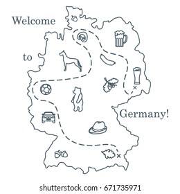 Vector illustration with various symbols of Germany. Travel and leisure. Design for banner, poster or print.