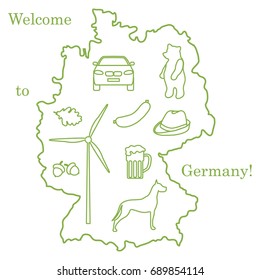 Vector illustration with various symbols of Germany. Travel and leisure. Design for banner, poster or print.