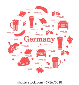 Vector illustration with various symbols of Germany arranged in a circle. Travel and leisure. Design for banner, poster or print.