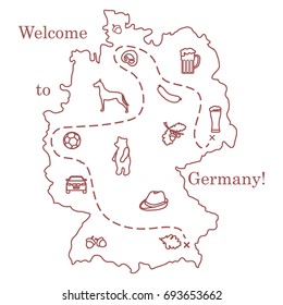 Vector illustration with various symbols of Germany. Travel and leisure. Design for banner, poster or print.