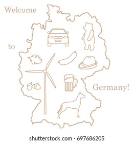 Vector illustration with various symbols of Germany. Travel and leisure. Design for banner, poster or print.