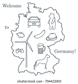 Vector illustration with various symbols of Germany. Travel and leisure. Design for banner, poster or print.