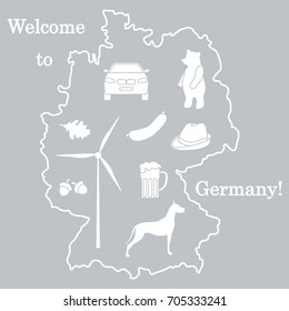 Vector illustration with various symbols of Germany. Travel and leisure. Design for banner, poster or print.