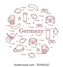 Vector illustration with various symbols of Germany arranged in a circle. Travel and leisure. Design for banner, poster or print.