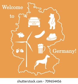 Vector illustration with various symbols of Germany. Travel and leisure. Design for banner, poster or print.