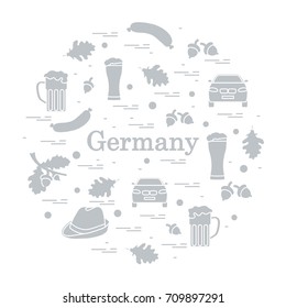 Vector illustration with various symbols of Germany arranged in a circle. Travel and leisure. Design for banner, poster or print.