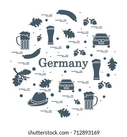 Vector illustration with various symbols of Germany arranged in a circle. Travel and leisure. Design for banner, poster or print.