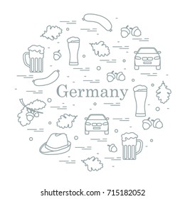 Vector illustration with various symbols of Germany arranged in a circle. Travel and leisure. Design for banner, poster or print.