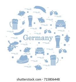 Vector illustration with various symbols of Germany arranged in a circle. Travel and leisure. Design for banner, poster or print.