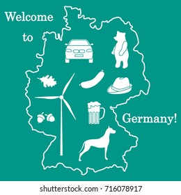 Vector illustration with various symbols of Germany. Travel and leisure. Design for banner, poster or print.