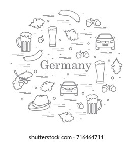 Vector illustration with various symbols of Germany arranged in a circle. Travel and leisure. Design for banner, poster or print.