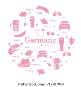 Vector illustration with various symbols of Germany arranged in a circle. Travel and leisure. Design for banner, poster or print.