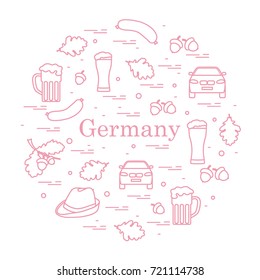 Vector illustration with various symbols of Germany arranged in a circle. Travel and leisure. Design for banner, poster or print.