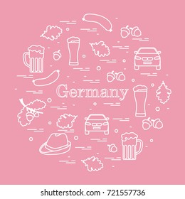 Vector illustration with various symbols of Germany arranged in a circle. Travel and leisure. Design for banner, poster or print.