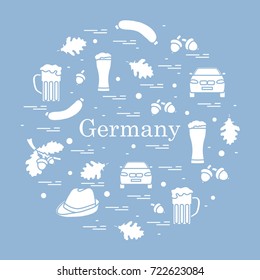 Vector illustration with various symbols of Germany arranged in a circle. Travel and leisure. Design for banner, poster or print.