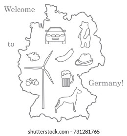 Vector illustration with various symbols of Germany. Travel and leisure. Design for banner, poster or print.