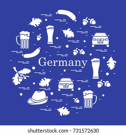 Vector illustration with various symbols of Germany arranged in a circle. Travel and leisure. Design for banner, poster or print.