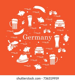 Vector illustration with various symbols of Germany arranged in a circle. Travel and leisure. Design for banner, poster or print.