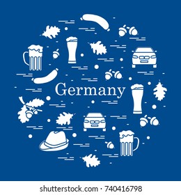 Vector illustration with various symbols of Germany arranged in a circle. Travel and leisure. Design for banner, poster or print.