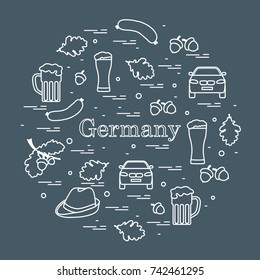 Vector illustration with various symbols of Germany arranged in a circle. Travel and leisure. Design for banner, poster or print.