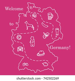 Vector illustration with various symbols of Germany. Travel and leisure. Design for banner, poster or print.