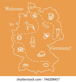 Vector illustration with various symbols of Germany. Travel and leisure. Design for banner, poster or print.