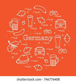 Vector illustration with various symbols of Germany arranged in a circle. Travel and leisure. Design for banner, poster or print.