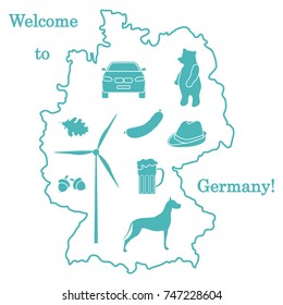 Vector illustration with various symbols of Germany. Travel and leisure. Design for banner, poster or print.