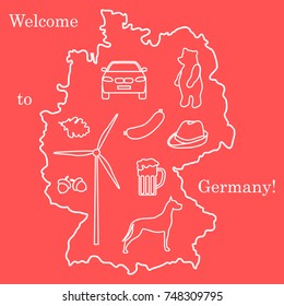 Vector illustration with various symbols of Germany. Travel and leisure. Design for banner, poster or print.