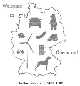 Vector illustration with various symbols of Germany. Travel and leisure. Design for banner, poster or print.