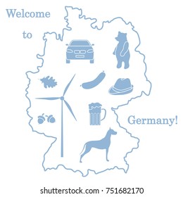 Vector illustration with various symbols of Germany. Travel and leisure. Design for banner, poster or print.