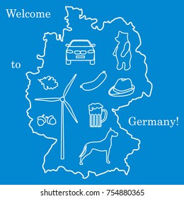 Vector illustration with various symbols of Germany. Travel and leisure. Design for banner, poster or print.