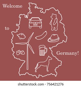 Vector illustration with various symbols of Germany. Travel and leisure. Design for banner, poster or print.