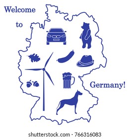 Vector illustration with various symbols of Germany. Travel and leisure. Design for banner, poster or print.