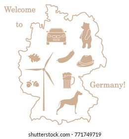 Vector illustration with various symbols of Germany. Travel and leisure. Design for banner, poster or print.