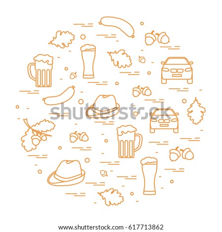 Vector illustration with various symbols of Germany arranged in a circle. Travel and leisure. Design for banner, poster or print.