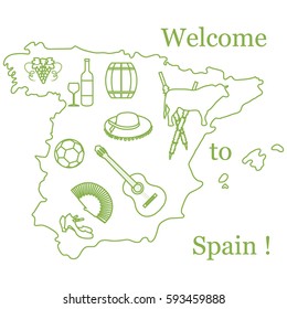 Vector illustration with various symbols of Spain. Travel and leisure. Design for banner, poster or print.