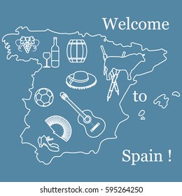 Vector illustration with various symbols of Spain. Travel and leisure. Design for banner, poster or print.