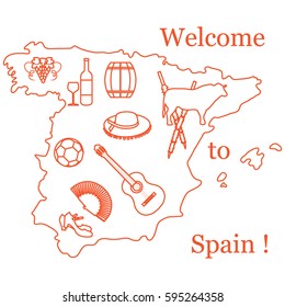 Vector illustration with various symbols of Spain. Travel and leisure. Design for banner, poster or print.