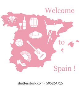Vector illustration with various symbols of Spain. Travel and leisure. Design for banner, poster or print.