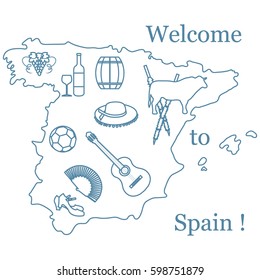 Vector illustration with various symbols of Spain. Travel and leisure. Design for banner, poster or print.